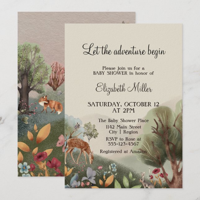 Invitation Aimer Fleurs Illustrées Arbres Cerfs Baby shower (Devant / Derrière)