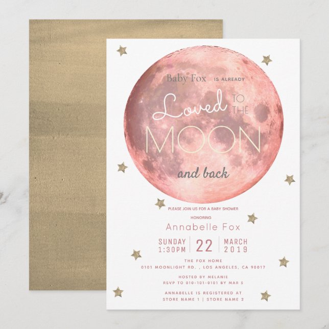 Invitation Aimez-vous au Baby shower d'or rose lune (Devant / Derrière)