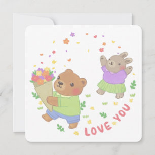 Invitation Aimez-vous : Ours et lapin en peluche avec fleurs