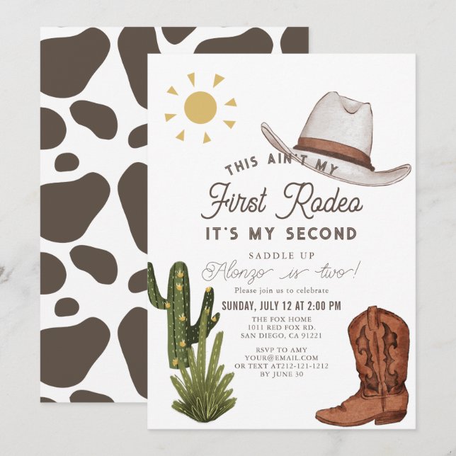 Invitation Ain't My First Rodeo Cowboy Western 2nd Birthday (Devant / Derrière)