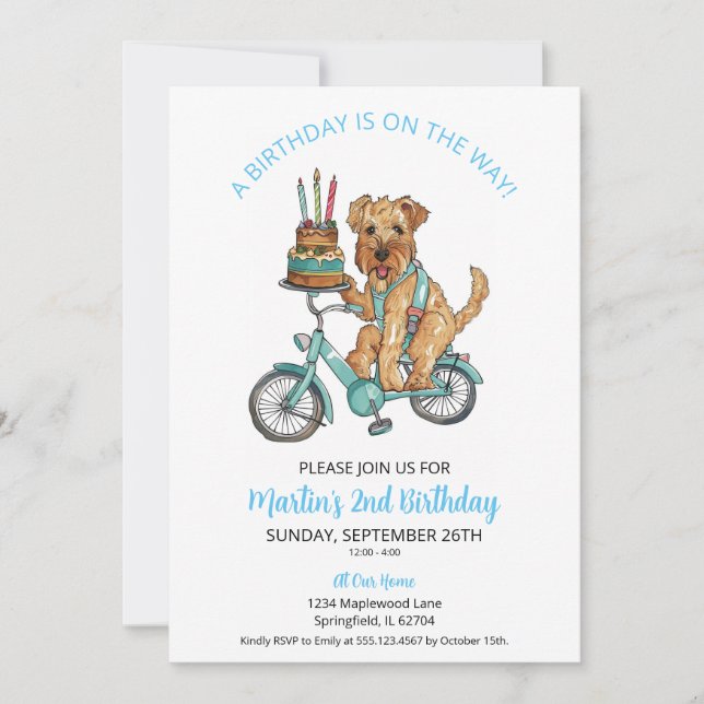 Invitation Airedale à vélo avec gâteau 2e fête d'anniversaire (Devant)