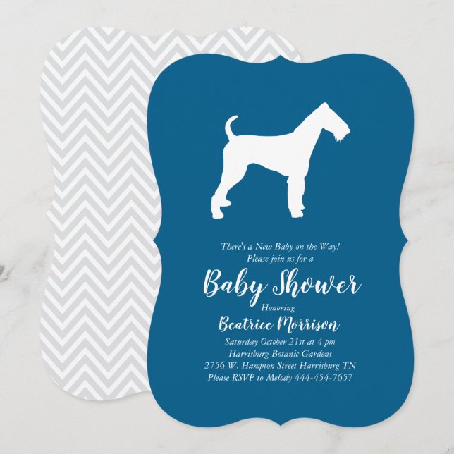 Invitation Airedale Terrier Chien Baby shower Blue Boy (Devant / Derrière)