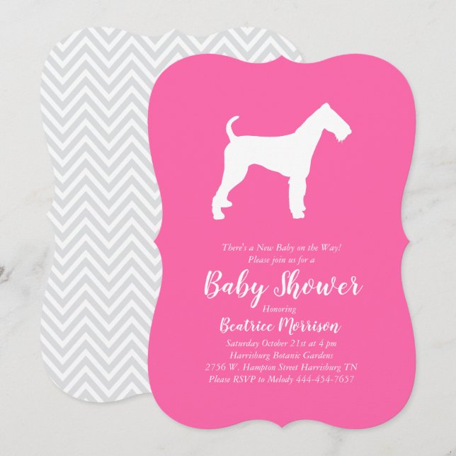 Invitation Airedale Terrier Chien Baby shower fille rose (Devant / Derrière)