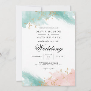Invitation Airy Turquoise Coral Flourish Mariage
