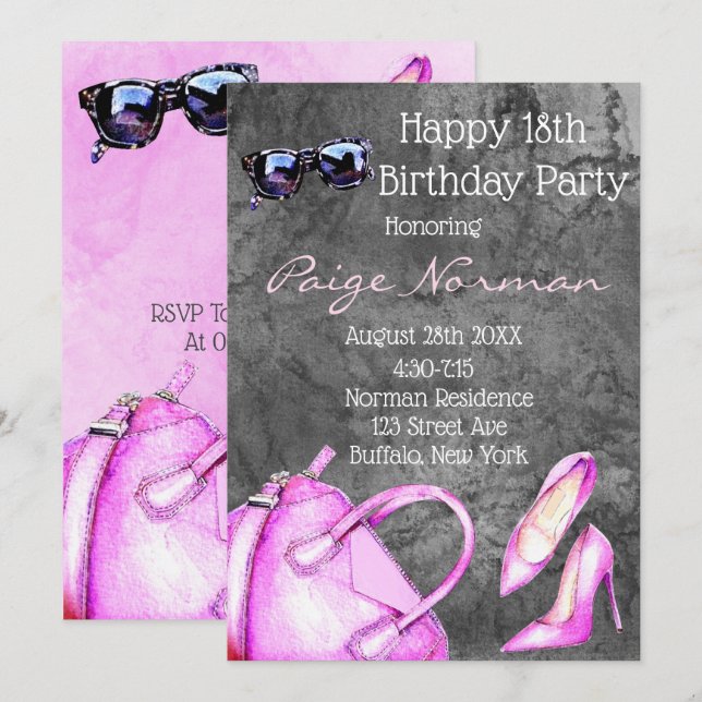 Invitation Ajouter Age Hot rose mode fête d'anniversaire (Devant / Derrière)