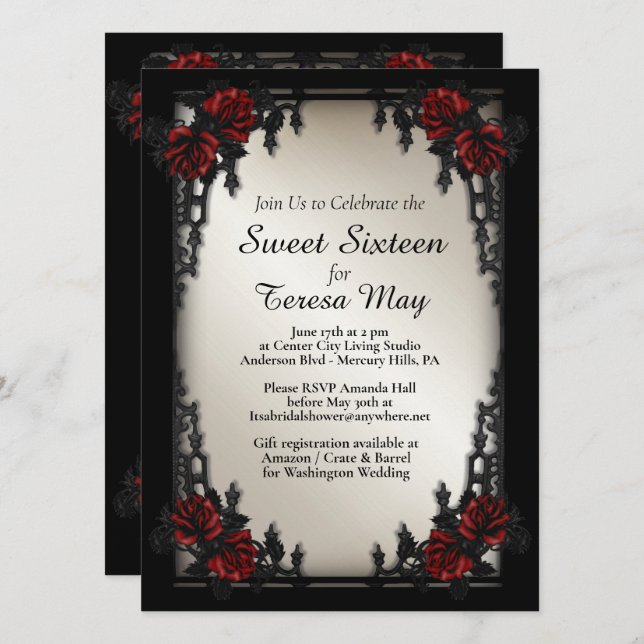Invitation Ajouter Photo Rose rouge gothique Sweet 16 Porte d (Devant / Derrière)