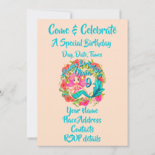 Invitation Ajouter un nom Age Rose Sirène Blue Tail Anniversa