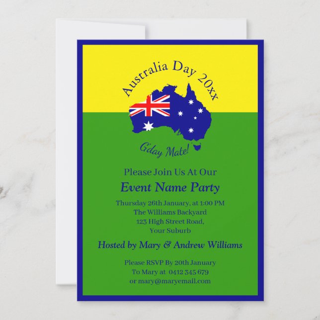 Invitation Ajouter un nom Année Date Australia Day Green Gold (Devant)