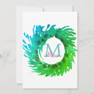 Invitation Ajouter une couronne de Noël vert rose monogramme