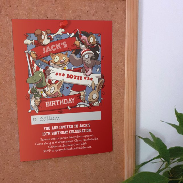 Invitation Ajouter Votre Nom Fans Animaux Anniversaires Rouge (Créateur téléchargé)