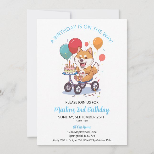 Invitation Akita à vélo avec gâteau 2e fête d'anniversaire (Devant)
