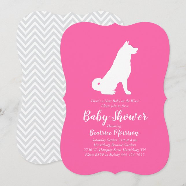 Invitation Akita Chien Baby shower fille rose (Devant / Derrière)