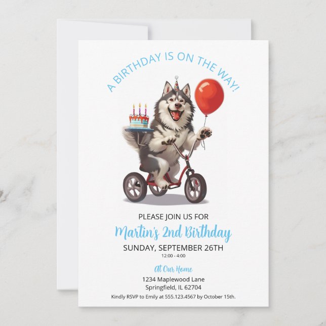 Invitation Alaskan Malamute Bike avec gâteau 2e fête d'annive (Devant)