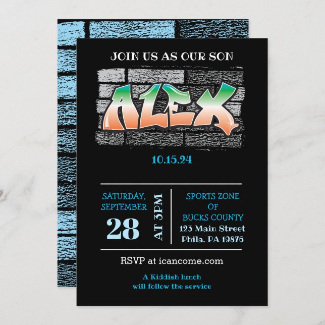 Invitation ALEX Votre nom Graffiti Brick Wall Paint Splatter (Devant / Derrière)