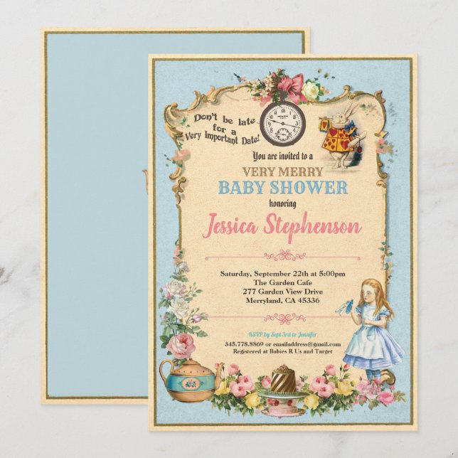 Invitation Alice au pays des merveilles baby shower invitatio (Devant / Derrière)