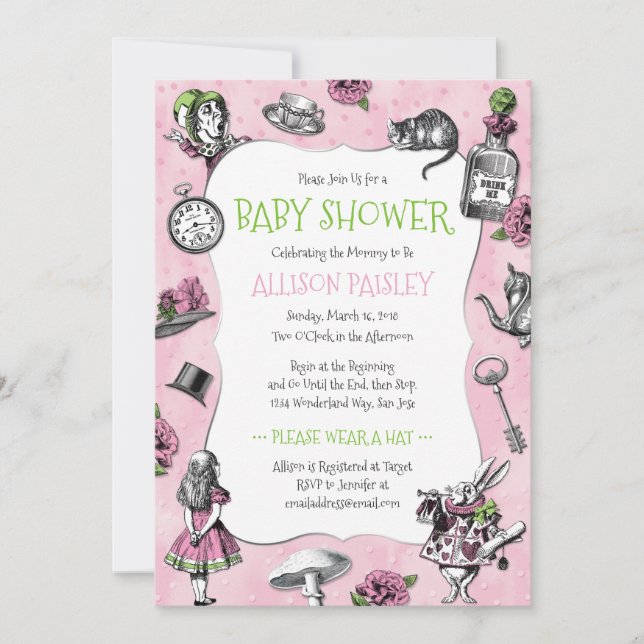 Invitation Alice au pays des merveilles Baby shower rose (Devant)