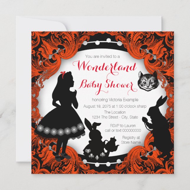 Invitation Alice au pays des merveilles Baby shower rouge et  (Devant)