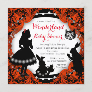 Invitation Alice au Pays des Merveilles Baby Shower Rouge et 