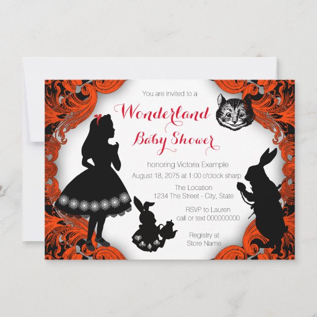 Invitation Alice au pays des merveilles Baby shower rouge noi (Devant)