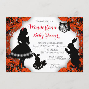 Invitation Alice au pays des merveilles Baby shower rouge noi
