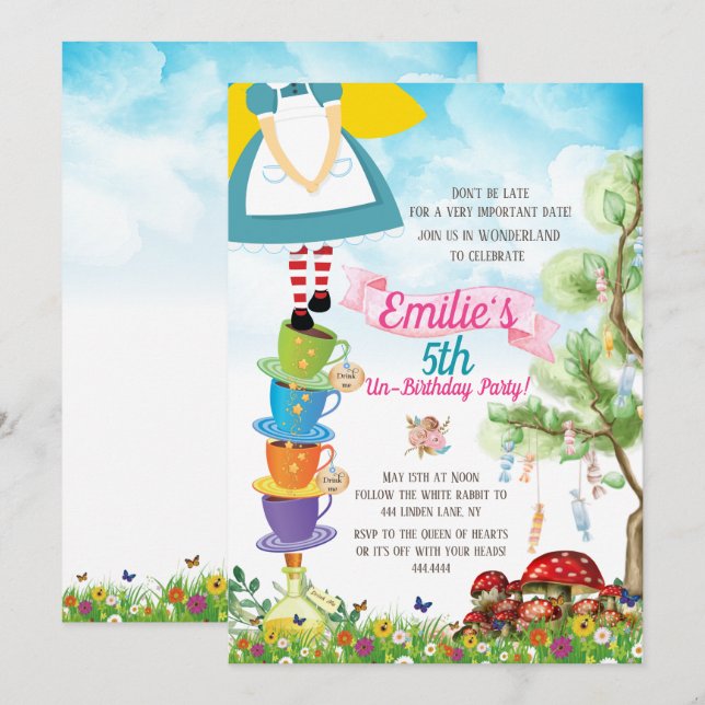 Invitation Alice au pays des merveilles Fête de l'anniversair (Devant / Derrière)