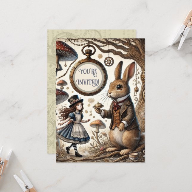 Invitation alice au pays des merveilles lapin blanc (Devant/Arrière en situation)