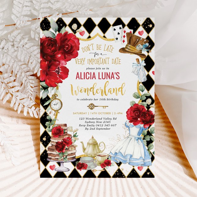 Invitation Alice au pays des merveilles Rouge Floral Mad Tea  (Créateur téléchargé)