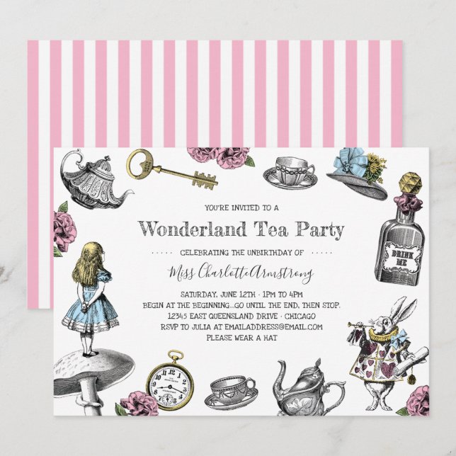 Invitation Alice au pays des merveilles Tea Party (Devant / Derrière)