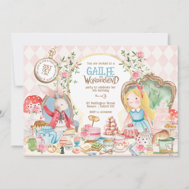 Invitation Alice Aventures dans Woderland Anniversaire Tea Pa (Devant)