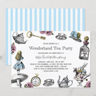 Invitation Alice dans les rayures bleues de thé du pays des