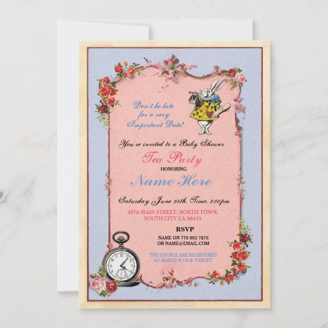 Invitation Alice dans l'invitation de théière de baby shower (Devant)