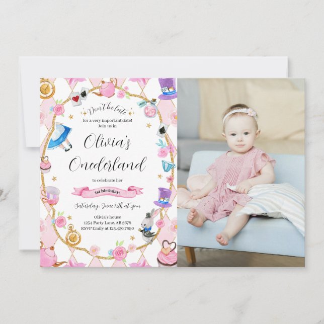 Invitation Alice dans l'Onederland 1er anniversaire photo ros (Devant)