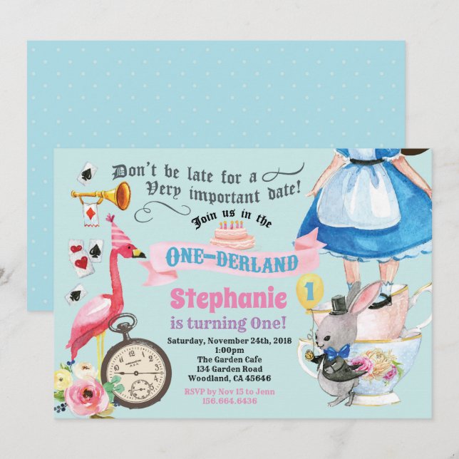 Invitation Alice en bleu de la fête du thé d'anniversaire de  (Devant / Derrière)