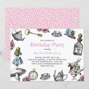 Invitation Alice en pois de fête d'anniversaire du pays des