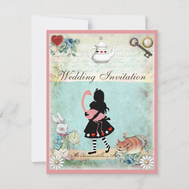 Invitation Alice, Flamant rose rose et Mariage Cheshire (Devant)