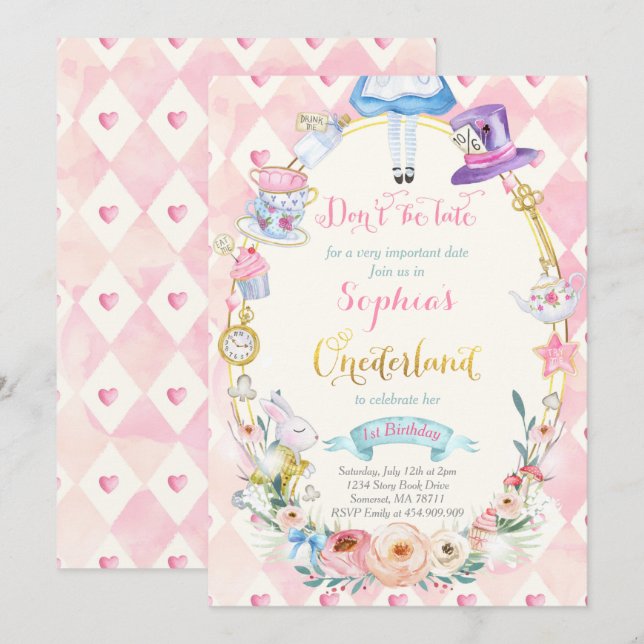 Invitation Alice Florale Rose dans ONE derland Anniversaire T (Devant / Derrière)