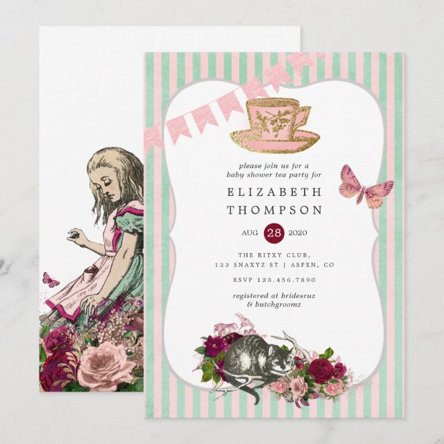 Invitation Alice In Wonderland Baby shower Tea Party (Devant / Derrière)