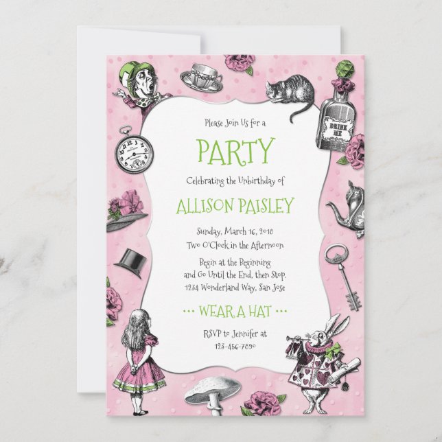 Invitation Alice Whimsical au pays des merveilles rose et ver (Devant)