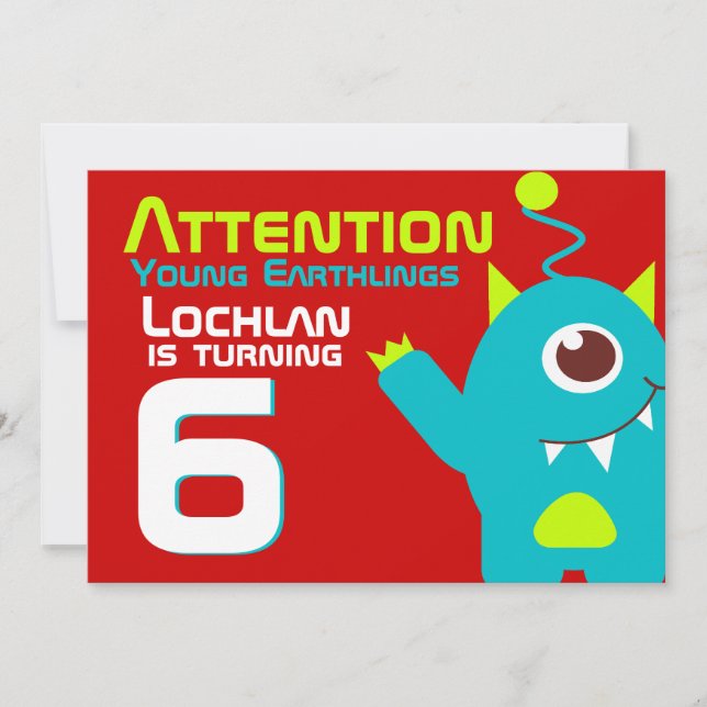 Invitation Alien anniversaire garçon 6e aqua orange invitatio (Devant)