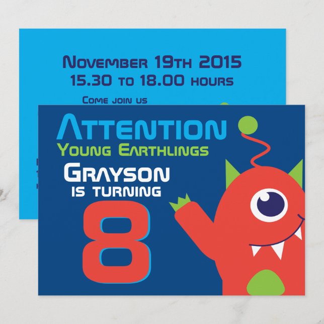 Invitation Alien anniversaire garçon 8ème bleu orange invitat (Devant / Derrière)