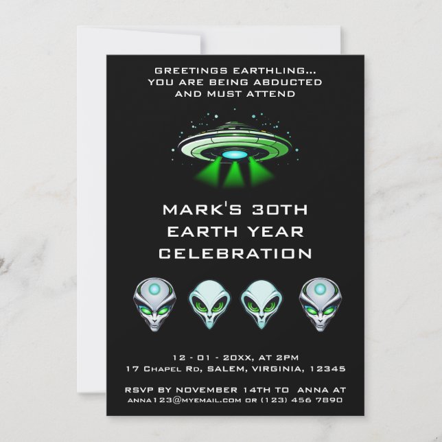 Invitation Alien UFO Abduction espace fête d'anniversaire (Devant)