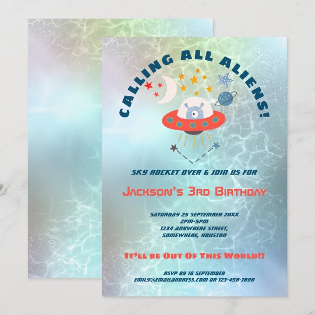 Invitation Aliens Turquoise Watercolor 3e fête d'anniversaire (Devant / Derrière)