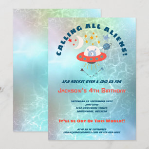 Invitation Aliens Turquoise Watercolor 4e fête d'anniversaire