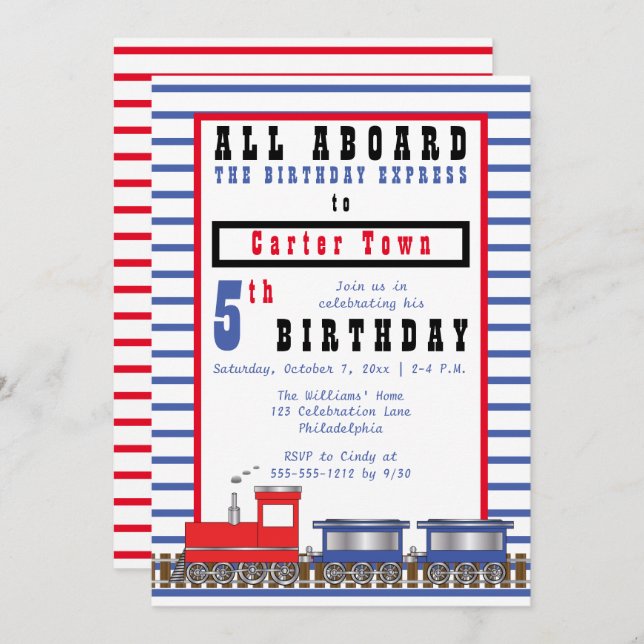 Invitation All Aboard 5th Birthday Express Choo Choo Train (Devant / Derrière)