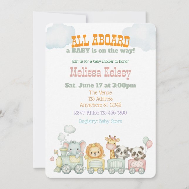 Invitation All Aboard Animal Train Baby Shower (Devant)