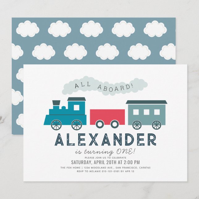 Invitation All Aboard Steam Train Blue Boy 1er anniversaire (Devant / Derrière)