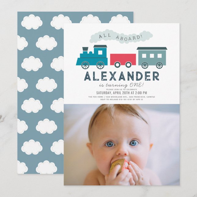 Invitation All Aboard Steam Train Blue Boy 1st Birthday Photo (Devant / Derrière)