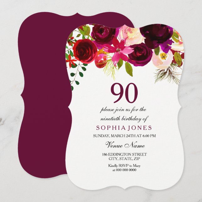 Invitation All Age Burgundy Rouge Floral 90e Anniversaire Inv (Devant / Derrière)