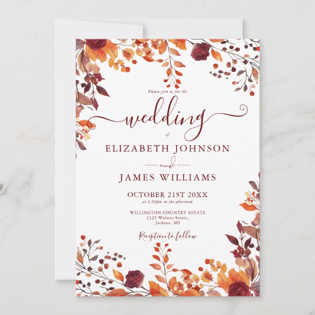 Invitation All In One Automne Automne Floral Feuille Mariage (Devant)