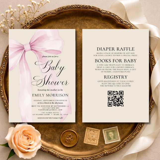 Invitation All in One Blush Pink Bow Linen Baby Shower (Créateur téléchargé)